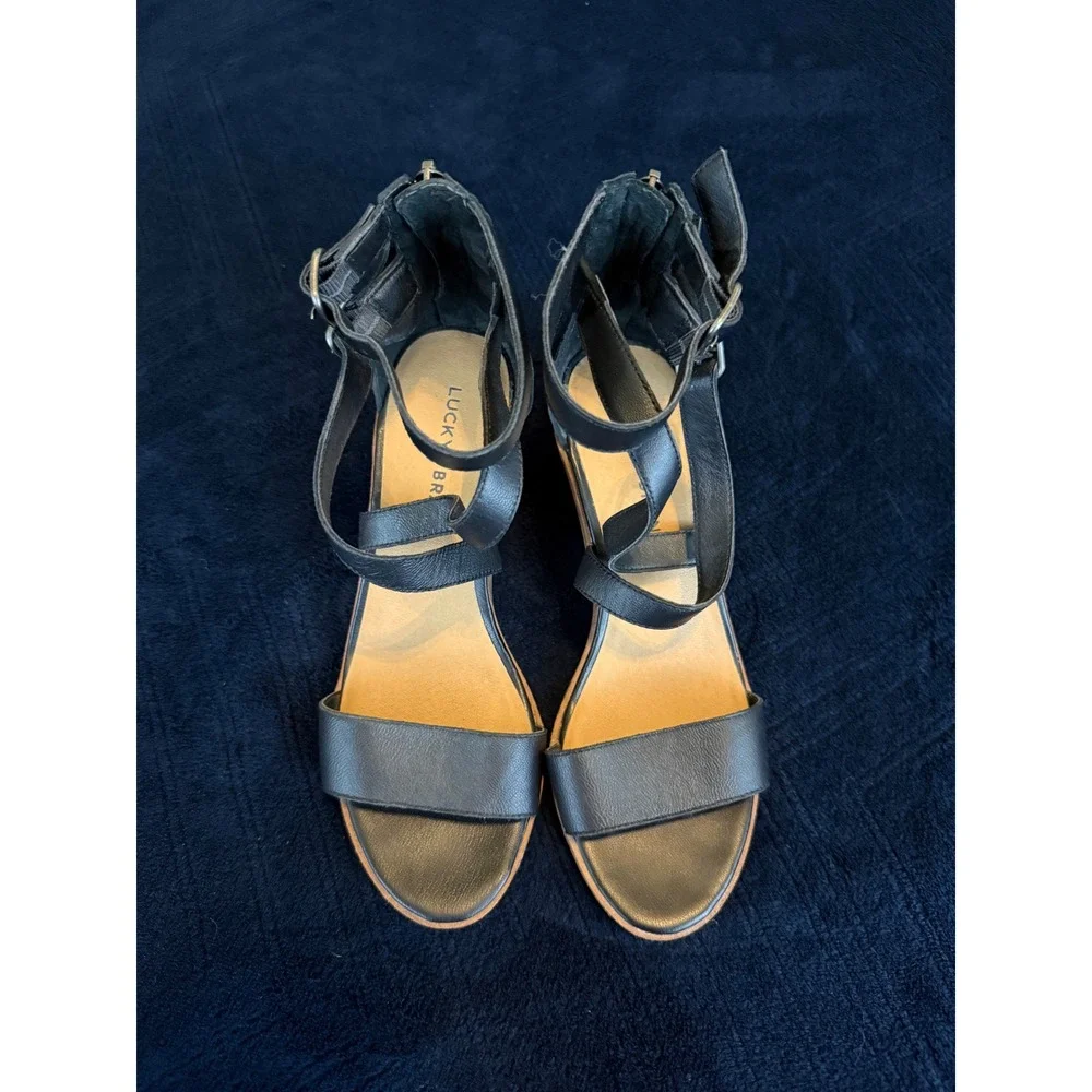 Lucky Brand LK-RESSIA Black Leather Multi‎ Strap Block Heel Sandals Womens 7M